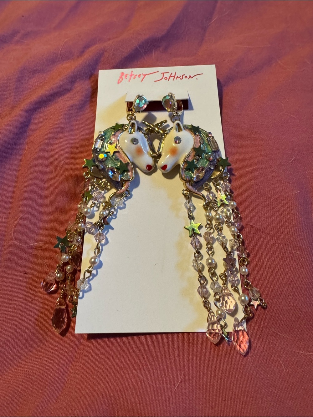 Betsey Johnson Pink Green Iridescent Unicorn Tassel Earrings